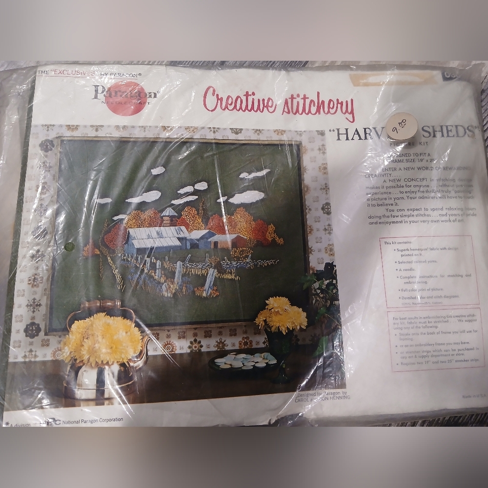 Vintage Paragon Needlecraft Creative Stitchery Kit Harvest Sheds 19x25 Rare New